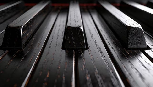 Closeup worn glossy black piano keys showing wood grain and reflections moody macro detail