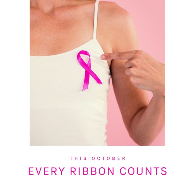 Woman Pointing to Pink Breast Cancer Awareness Ribbon in October - Download Free Stock Templates Pikwizard.com