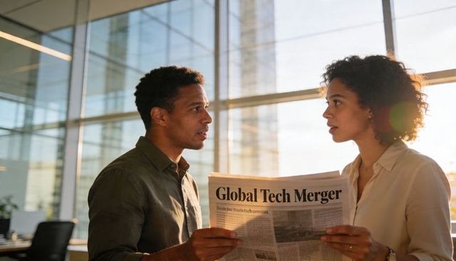 Colleagues discussing global tech merger while reading newspaper in sunlit modern office