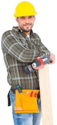 Transparent young carpenter holding drill and wood