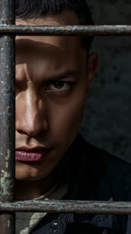 Vertical video: Asian man peering through rusty bars, locking intense gaze