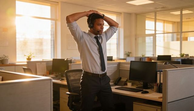 Sunlit open-office worker standing at cubicle holding head with headset, stress and focus