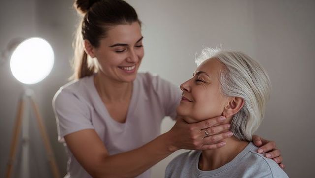 Caregiver comforting senior woman by cupping neck, warm companionship and gentle support