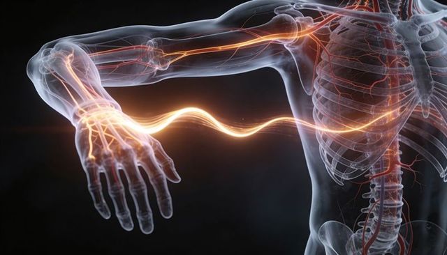 Translucent torso and extended arm showing glowing neural pathways and vascular network