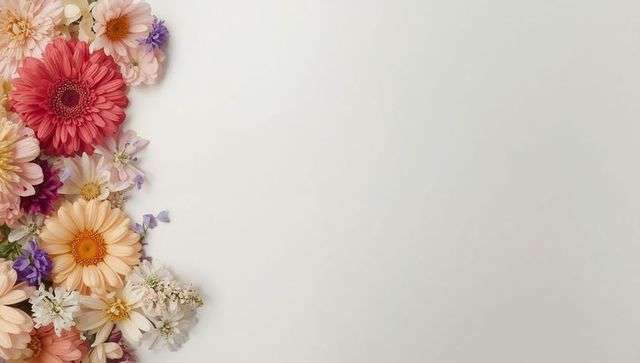 Left-aligned pastel gerbera daisy floral border on cream paper with generous copy space