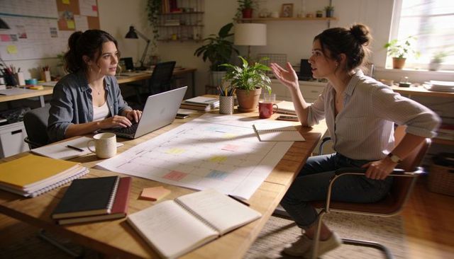 Collaborators planning calendar in cozy creative studio using laptop and notebooks