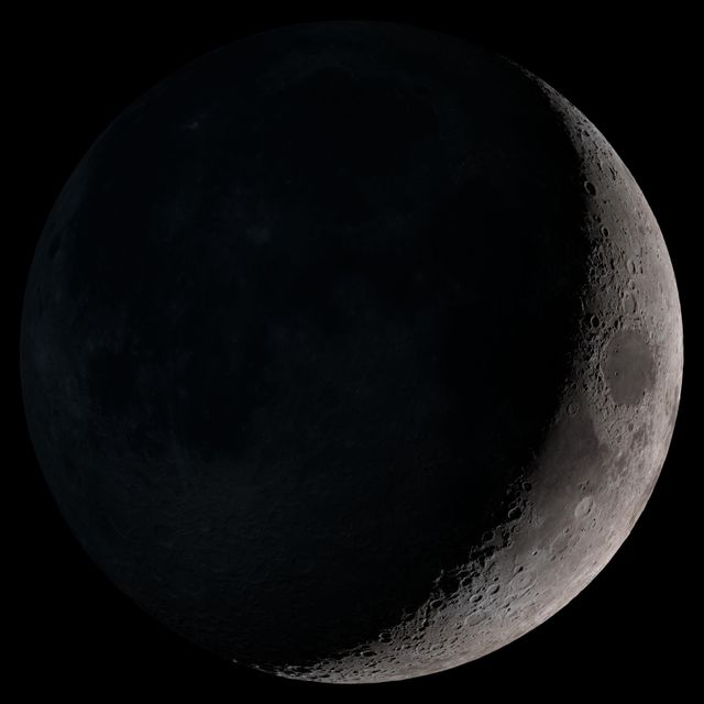 Waxing crescent. Visible toward the southwest in early evening.  NASA's Lunar Reconnaissance Orbiter (LRO) has been in orbit around the Moon since the summer of 2009. Its laser altimeter (LOLA) and camera (LROC) are recording the rugged, airless lunar terrain in exceptional detail, making it possible to visualize the Moon with unprecedented fidelity. This is especially evident in the long shadows cast near the terminator, or day-night line. The pummeled, craggy landscape thrown into high relief at the terminator would be impossible to recreate in the computer without global terrain maps like those from LRO.  To download, learn more about this visualization, or to see what the Moon will look like at any hour in 2015, visit <a href="http://svs.gsfc.nasa.gov/goto?4236" rel="nofollow">svs.gsfc.nasa.gov/goto?4236</a>  <b><a href="http://www.nasa.gov/audience/formedia/features/MP_Photo_Guidelines.html" rel="nofollow">NASA image use policy.</a></b>  <b><a href="http://www.nasa.gov/centers/goddard/home/index.html" rel="nofollow">NASA Goddard Space Flight Center</a></b> enables NASA’s mission through four scientific endeavors: Earth Science, Heliophysics, Solar System Exploration, and Astrophysics. Goddard plays a leading role in NASA’s accomplishments by contributing compelling scientific knowledge to advance the Agency’s mission. <b>Follow us on <a href="http://twitter.com/NASAGoddardPix" rel="nofollow">Twitter</a></b> <b>Like us on <a href="http://www.facebook.com/pages/Greenbelt-MD/NASA-Goddard/395013845897?ref=tsd" rel="nofollow">Facebook</a></b> <b>Find us on <a href="http://instagram.com/nasagoddard?vm=grid" rel="nofollow">Instagram</a></b>