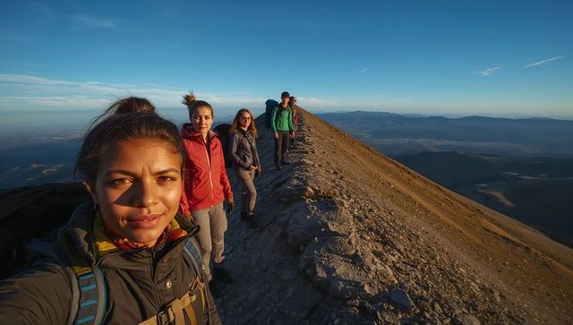 Five hikers trekking narrow alpine ridge at golden hour taking selfie with panoramic view