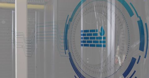Cybersecurity firewall icon overlay in modern data center