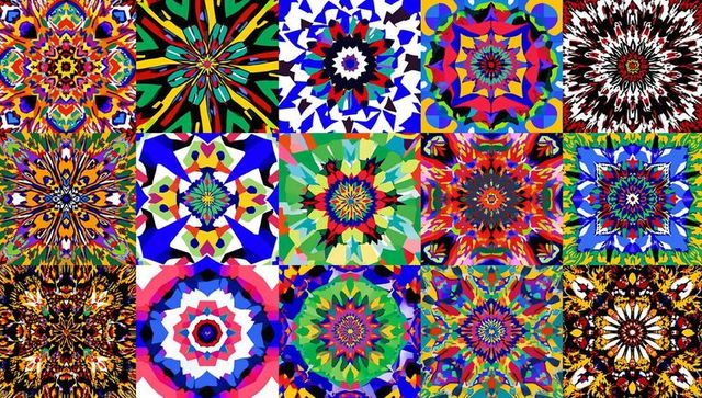 Displaying colorful kaleidoscopic mosaic grid featuring 20 vibrant mandala tiles