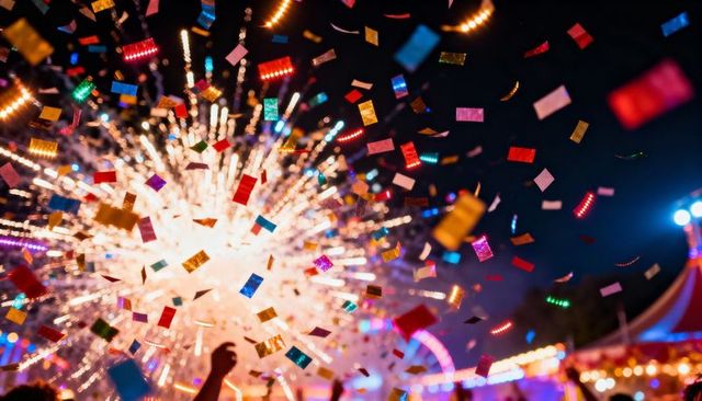 Confetti raining, fireworks exploding over neon carnival night, celebration lights bursting