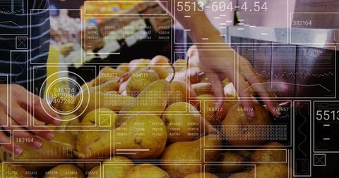 Shoppers selecting potatoes with augmented reality produce analytics overlay smart retail
