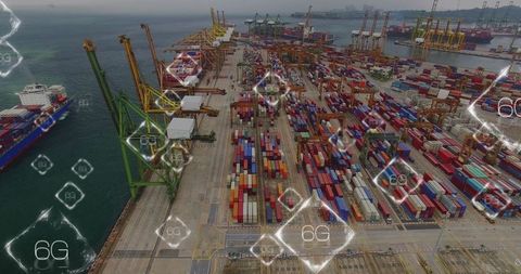 Aerial Port View with Shipping Containers and 6G Digital Integration