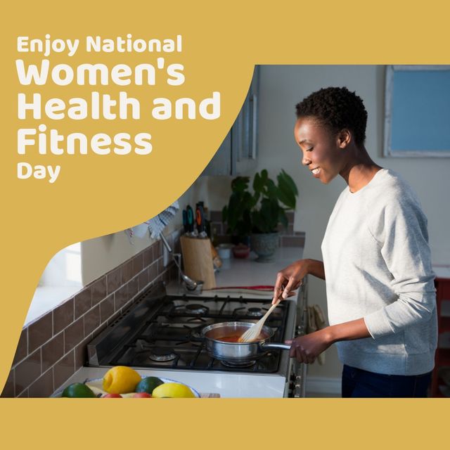 National women's health and fitness day text banner over african american woman cooking in kitchen. National women's health and fitness day awareness concept
