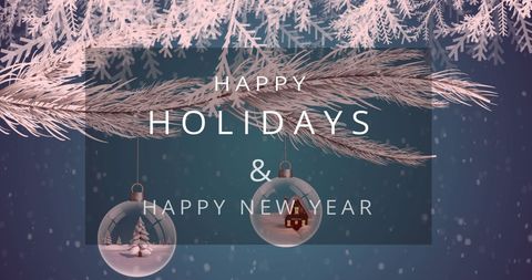 Festive Holiday Greeting with Snowy Baubles and Fir Branches
