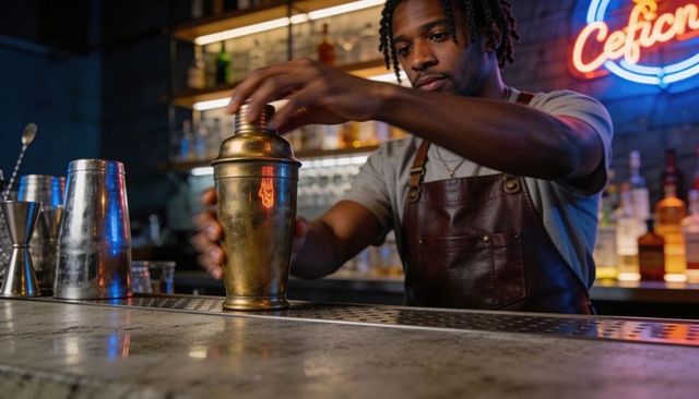 Black bartender shaking brass cocktail shaker at neon bar counter wearing leather apron