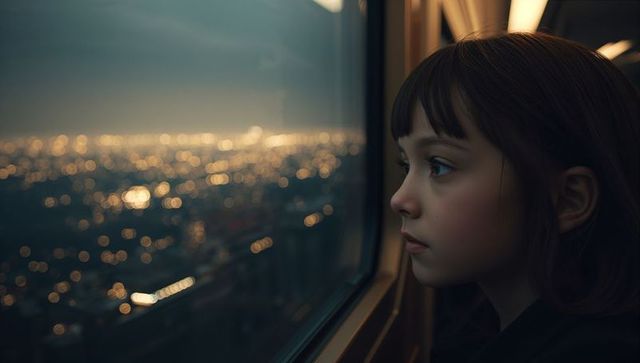 Young girl reflecting during urban train journey at dusk