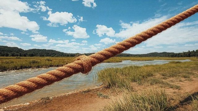 Thick natural-fiber rope knot over marshy river landscape