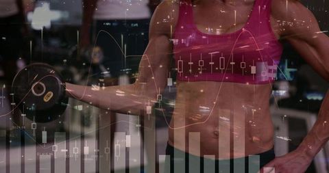Female athlete lifting dumbbell with financial charts overlay — fitness meets finance
