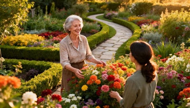 Senior woman gardening with friend in vibrant cottage flower garden at golden hour
