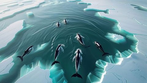 Orcas swimming in icy arctic waters surrounded by fractured ice floes