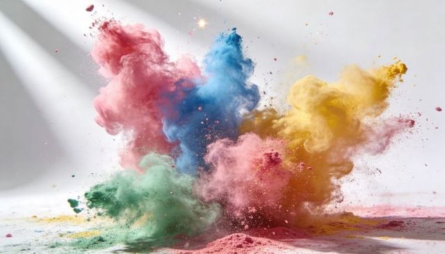 Erupting Multicolor Powder Cloud Rising from Pigment Piles on White Studio Surface