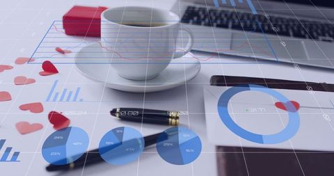 Coffee cup and heart confetti on desk with digital analytics overlay, dashboard and charts