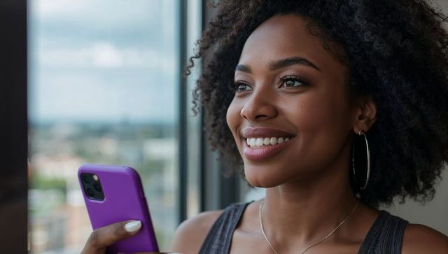 Smiling Woman Enjoying Call Holding Smartphone by Loft Window