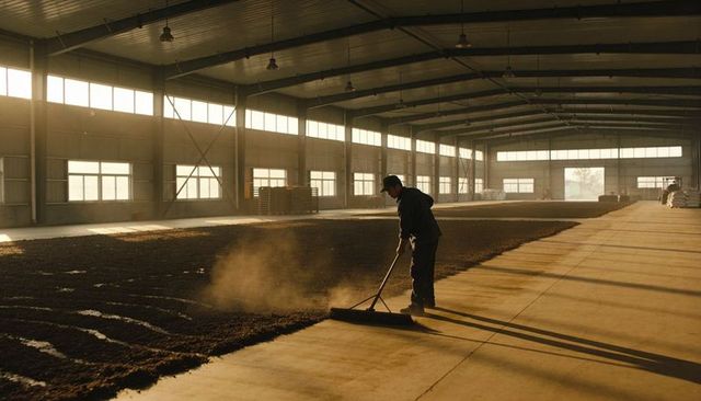 Worker raking compost in sunlit industrial warehouse, leveling soil with push rake