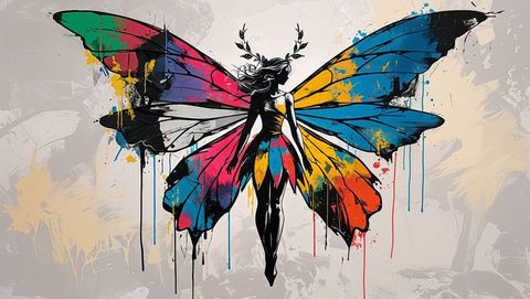 Vibrant Fairy Silhouette with Multicolored Wings Mural Art