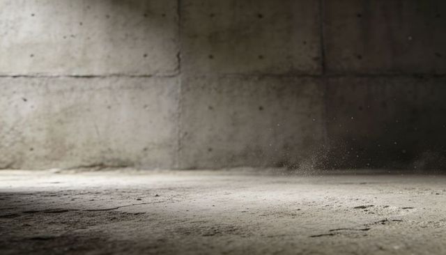 Empty industrial concrete floor with floating dust, side lighting and textured wall panels