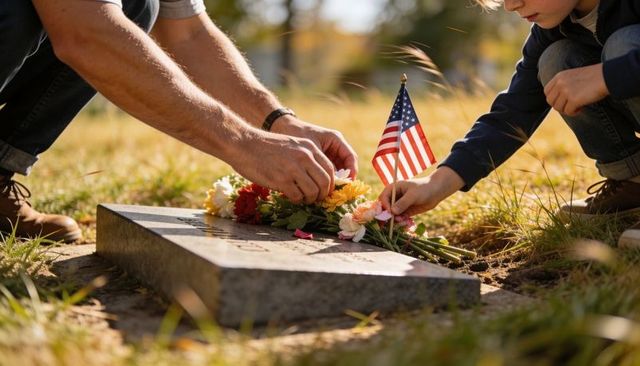 Father and son placing american flag and flowers on veteran grave for memorial tribute