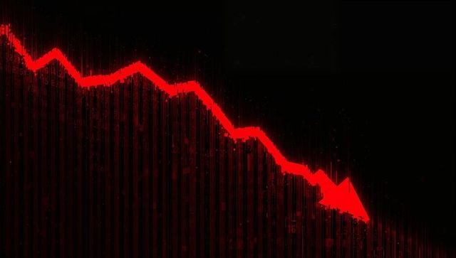 Glitch red market plunge arrow over dark bar chart representing stock crash and economic risk