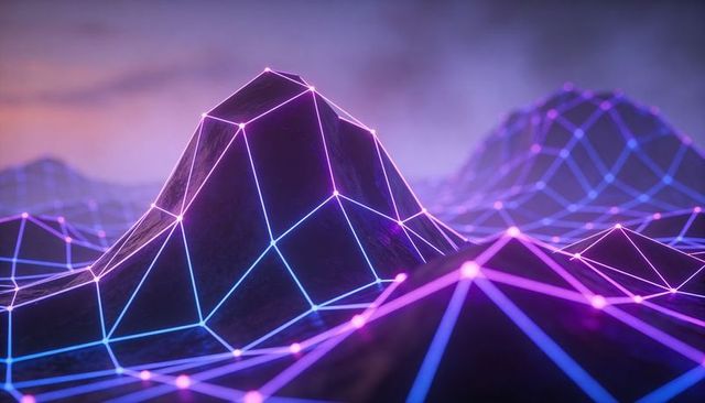 Neon wireframe mountain glowing with polygonal grid and luminous nodes, futuristic 3d