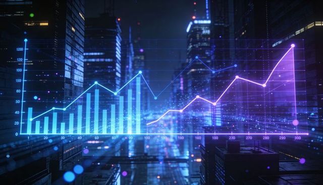 Cyberpunk holographic market dashboard floating over neon street showing live data trends