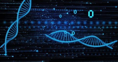 Blue DNA Strands with Stream of Digital Data Flow