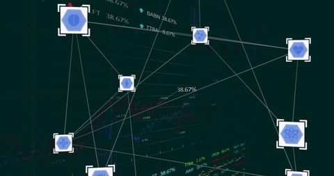 Digital network interface with hexagonal icons and data visualizations