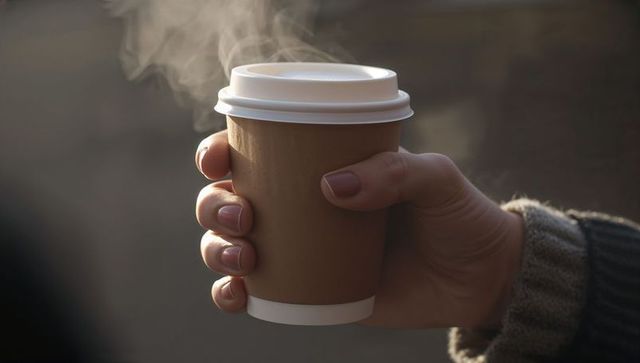 Cozy Hand Holding Steaming Paper Coffee Cup During Morning Commute Urban Closeup