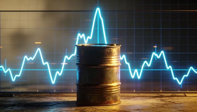 Rusted oil barrel catching warm light with glowing blue market chart showing volatility
