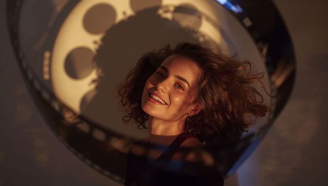 Smiling woman with vintage film reel shadows creating cinematic atmosphere