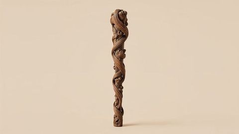 Intricately carved wooden staff with botanical motifs
