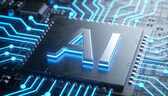 Glowing ai processor casting neon blue circuit traces on high-tech pcb closeup