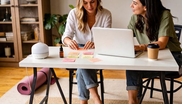 Two women collaborating at home desk planning startup ideas with sticky notes and laptop