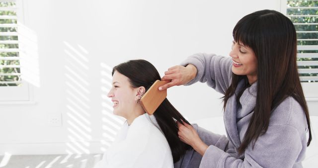 Woman brushing another woman's hair in bright room - Download Free Stock Images Pikwizard.com