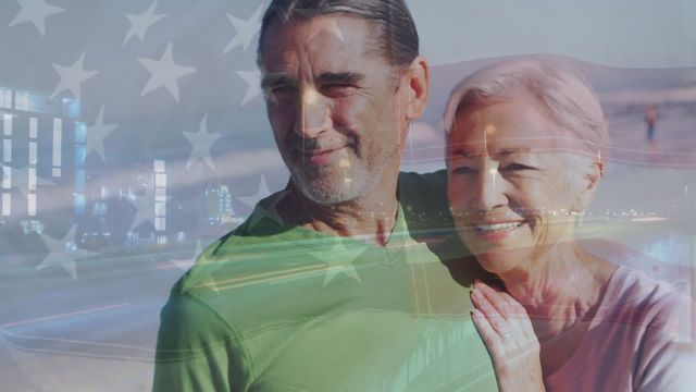 Senior couple smiling at beach with transparent United States flag overlay, representing patriotism and pride. Ideal for themes of national holidays such as July 4th, celebrating American freedoms, illustrating concepts of love and unity in later years, or used in campaigns aimed at senior citizens and patriotic activities.