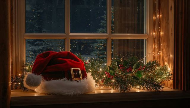 Resting plush Santa hat on evergreen garland by snowy cabin window with warm fairy lights