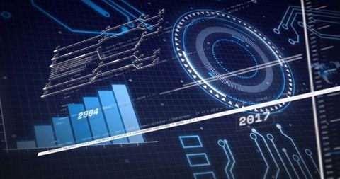 Futuristic HUD Dashboard Featuring 2004 Bar Chart and 2017 Radial Interface in Neon Blue