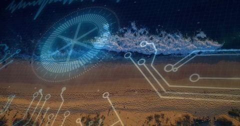Aerial coastline showing wave breakover with holographic circuit overlay and compass hud