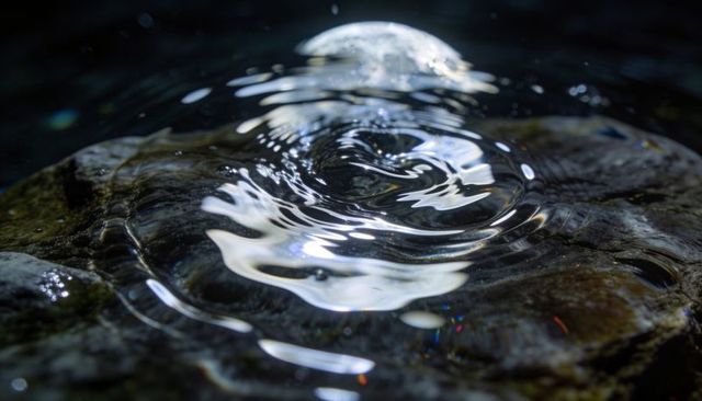 Shimmering concentric water ripples on wet dark rock with bright reflections