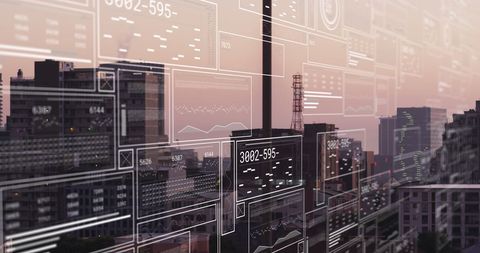 Modern City Overlaid with Futuristic Data Interfaces